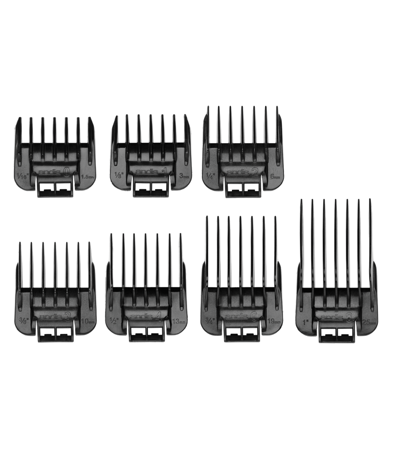 Andis  Snap-on Blade Attachment Combs, 7-Combs, Sizes 1/16", 1/8", 1/4", 3/8", 1/2", 3/4", 1" 12