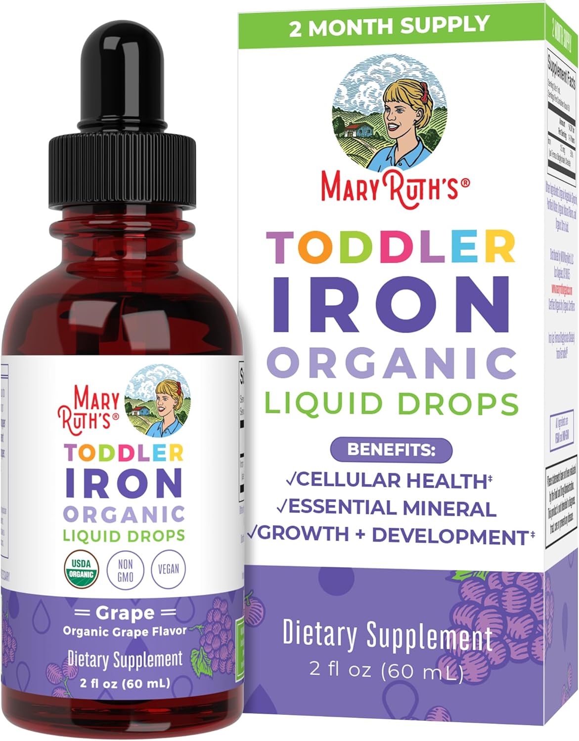 Mary Ruth Toddler Iron Drops, Grape, Org, 2 oz Pack 12 Size 24 mo