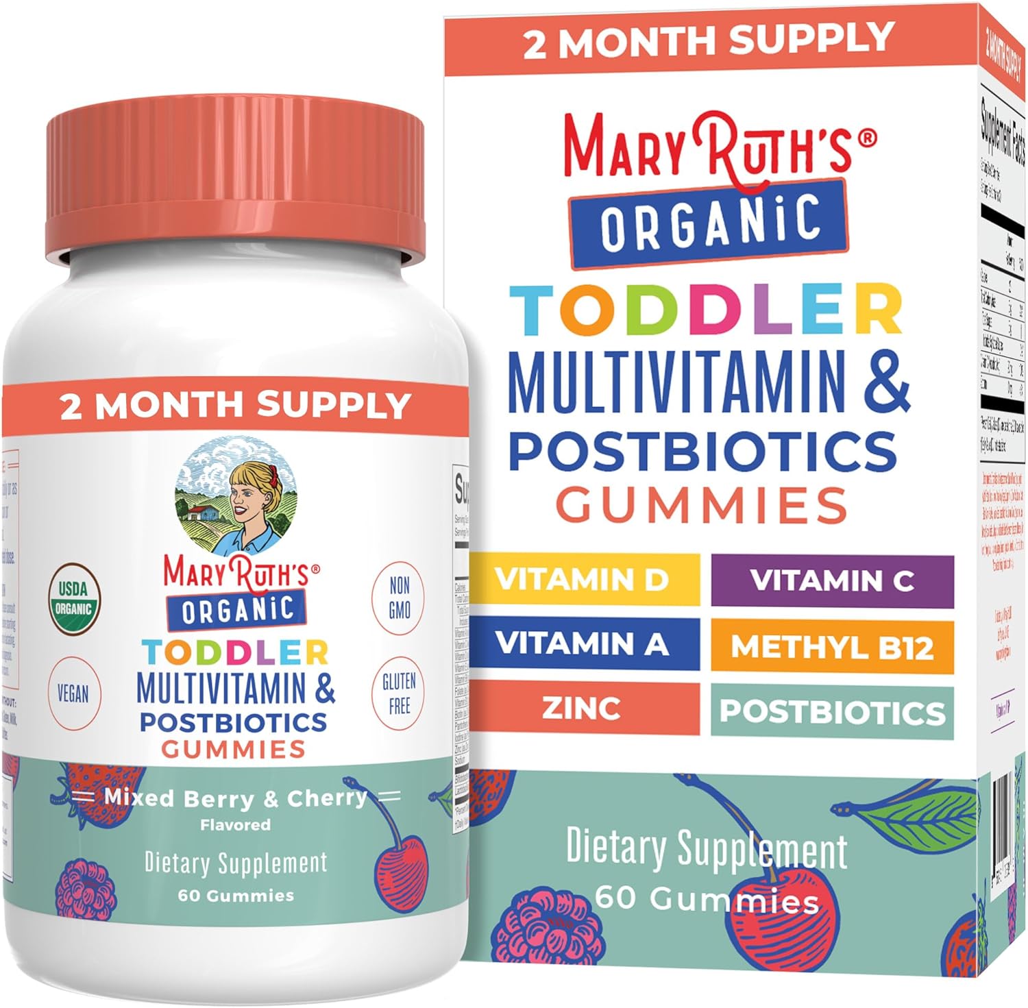 Mary Ruth Toddler Multivitamin & Postbiotics Gummies, Mixed Berry & Cherry, Org, 60 ct Pack 6 Size 24 mo