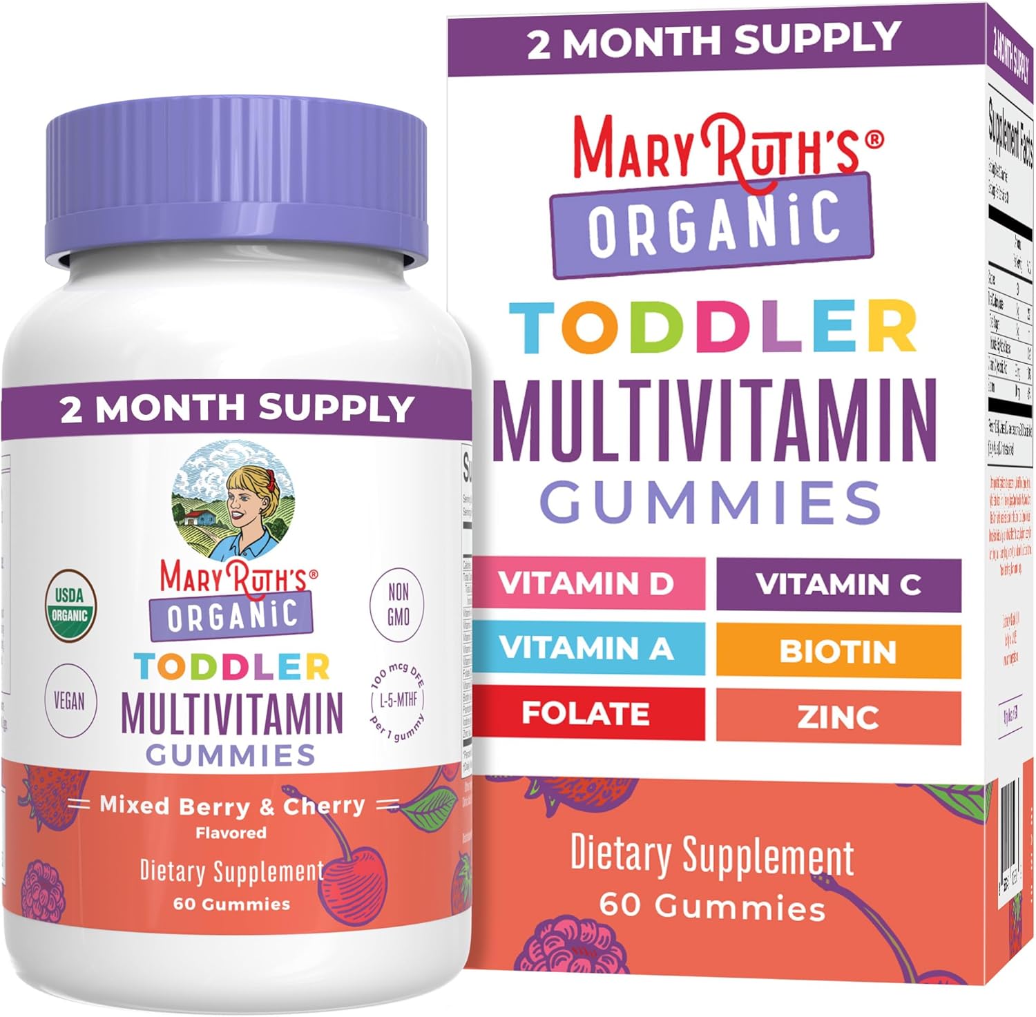 Mary Ruth Toddler Multivitamin Gummies, Mixed Berry & Cherry, Org, 60 ct Pack 6 Size 24 mo