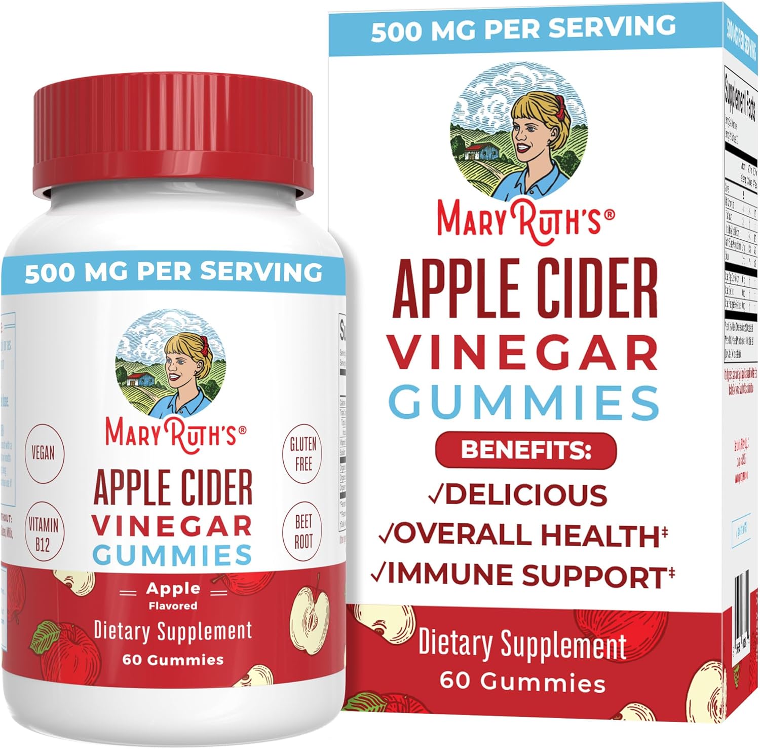 Mary Ruth Apple Cider Vinegar Gummies, Apple, 60 ct Pack 49 Size 24 mo