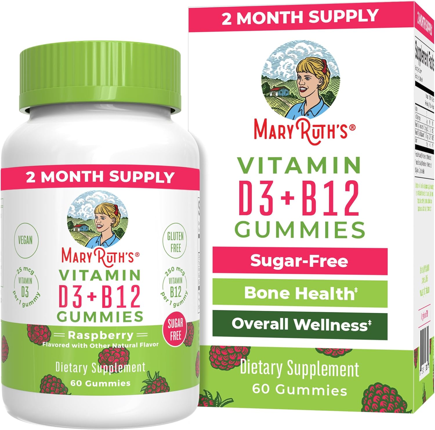 Mary Ruth Vitamin D3+B12 Gummies, SF Raspberry, 60 ct Pack 108 Size 24 mo