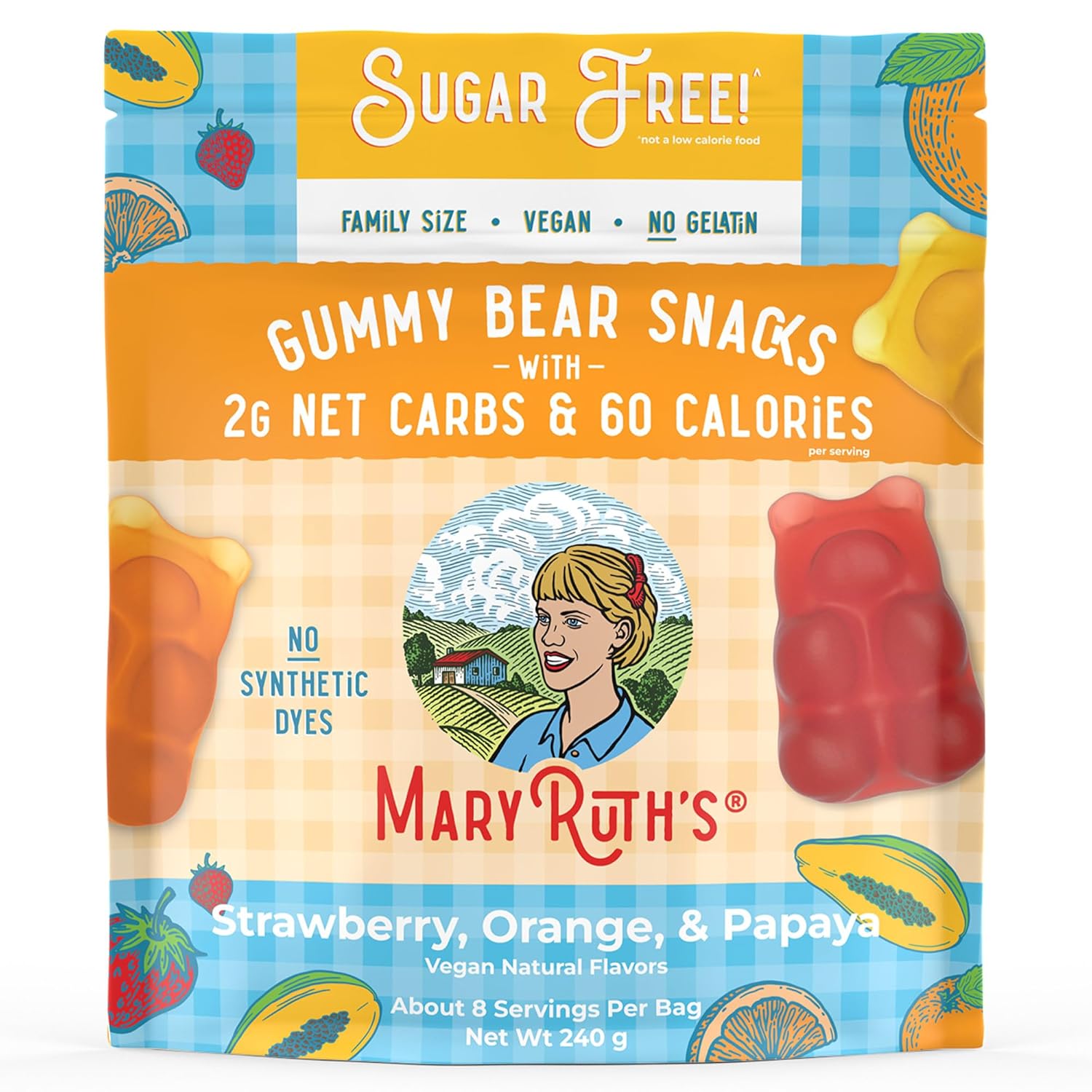 Mary Ruth Snack Gummies, SF Strawberry Orange & Papaya, 240 g Pack 24 Size 24 mo