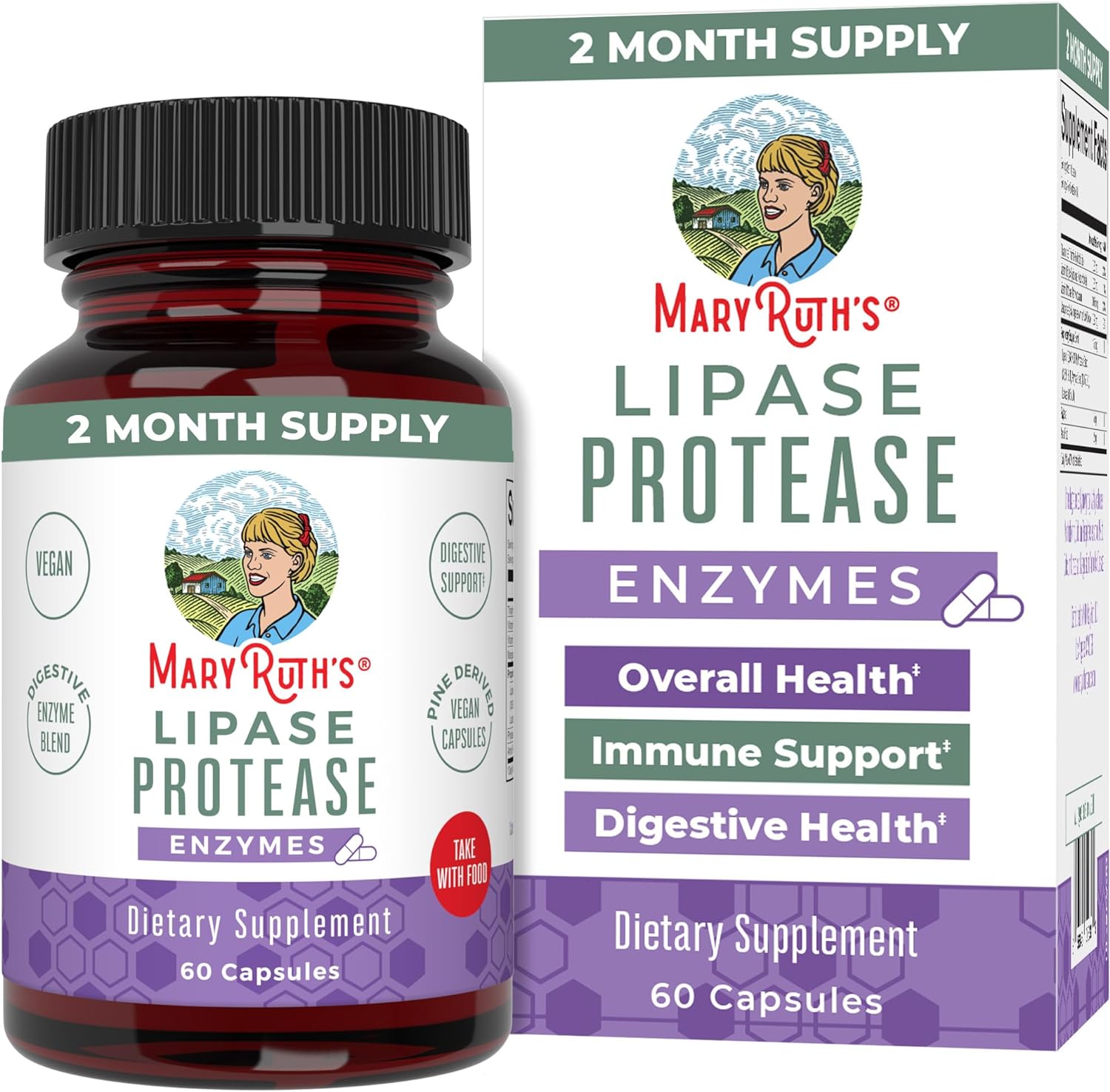 Mary Ruth Lipase Enzymes Capsules, Unflavored, 60 ct Pack 12 Size 24 mo