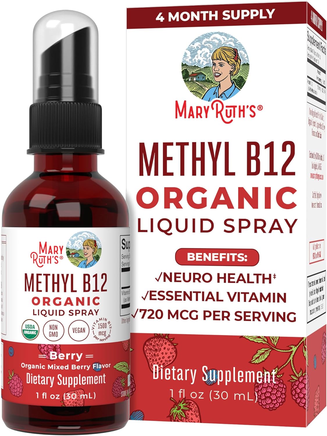 Mary Ruth Vitamin B12 Spray, Berry, Org, 1 oz Pack 144 Size 24 mo