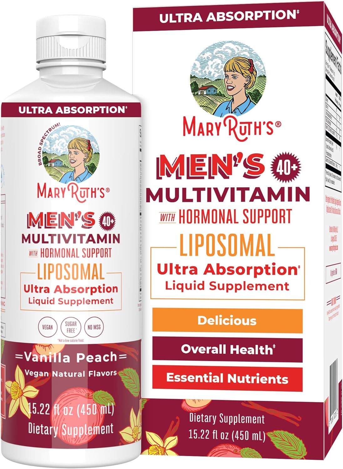 Mary Ruth Men's 40+ Multivitamin Liposomal, Vanilla Peach, 15.22 oz Pack 12 Size 12 mo