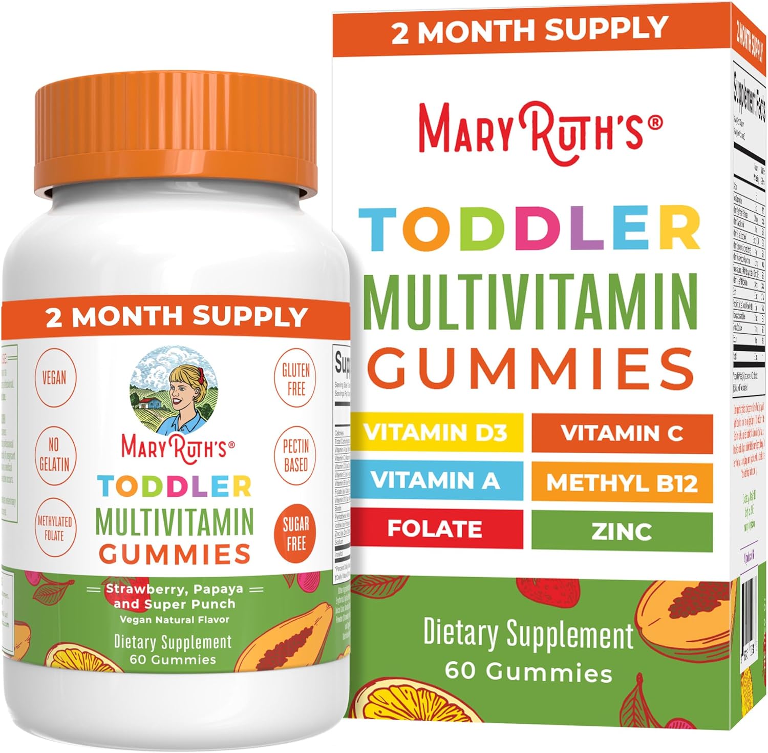 Mary Ruth Toddler Multivitamin Gummies, Strawberry Papaya & Super Punch, 60 ct Pack 108 Size 24 mo