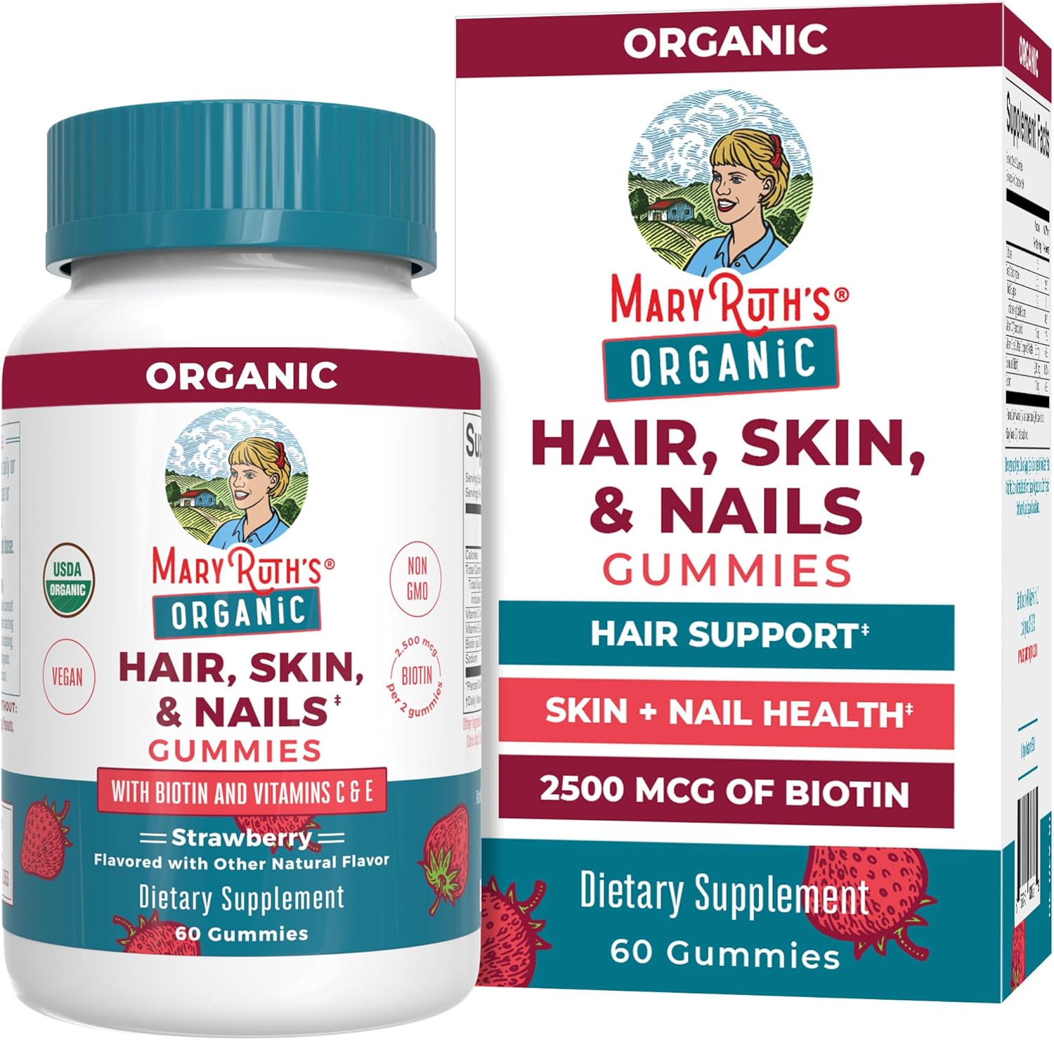 Mary Ruth Hair, Skin, & Nails Gummies, Strawberry, 60 ct, Org Pack 6 Size 24 mo