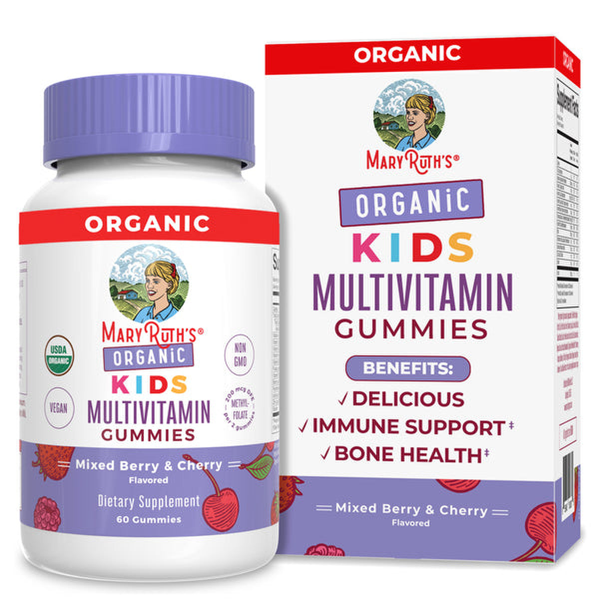 Mary Ruth Kids Multivitamin Gummies, Mixed Berry & Cherry, Org, 60 ct Pack 6 Size 24 mo