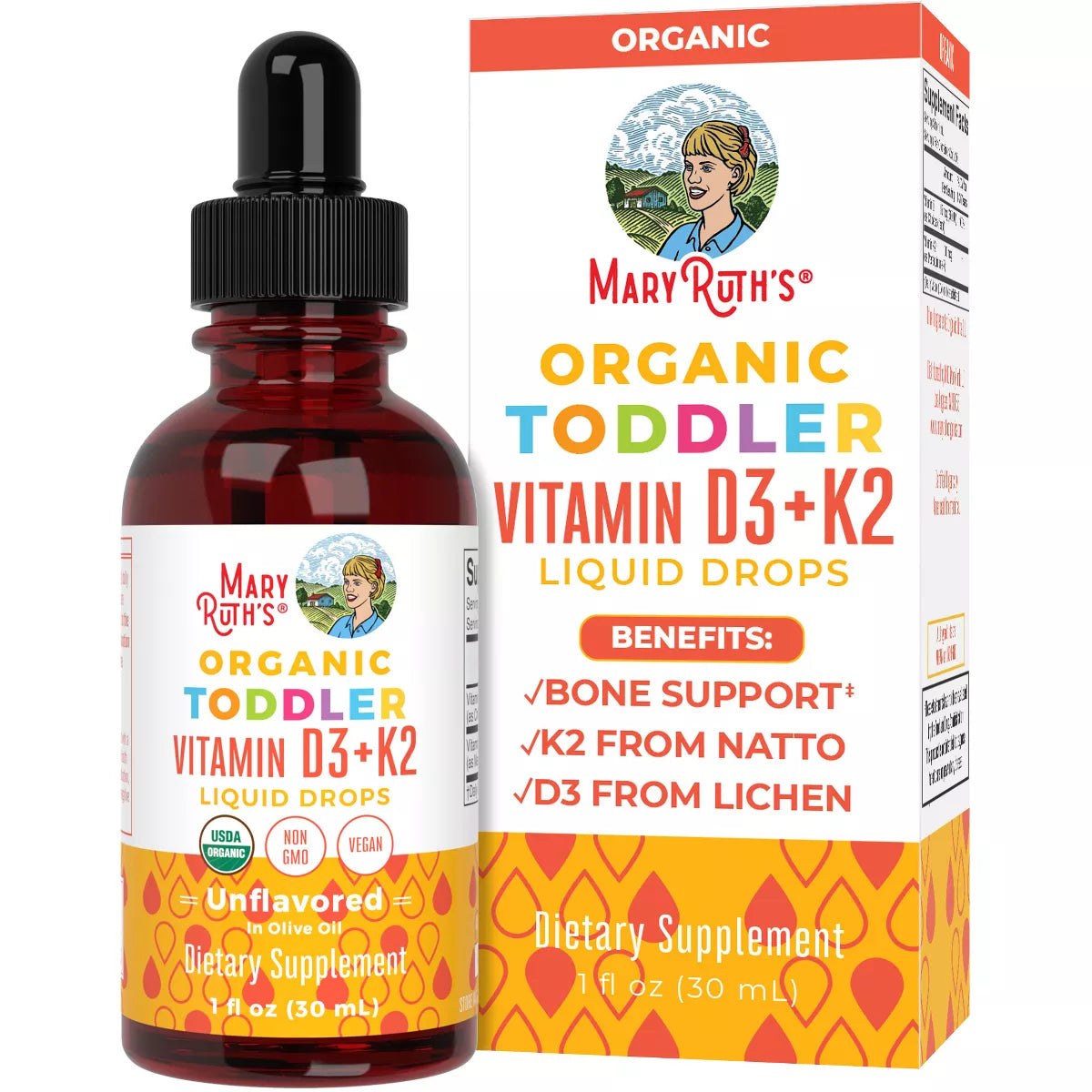 Mary Ruth Toddler Vitamin D3+K2 Drops, Unflavored, Org, 1 oz Pack 144 Size 24 mo