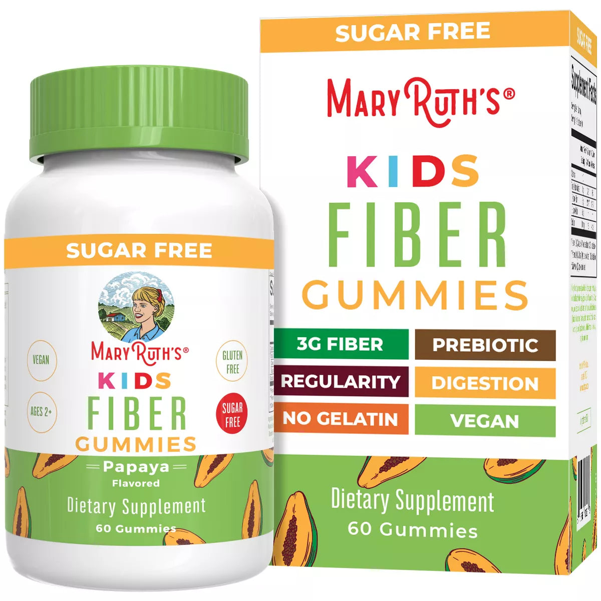 Mary Ruth Kids Fiber Gummies, Papaya, 60 ct Pack 48 Size 24 mo