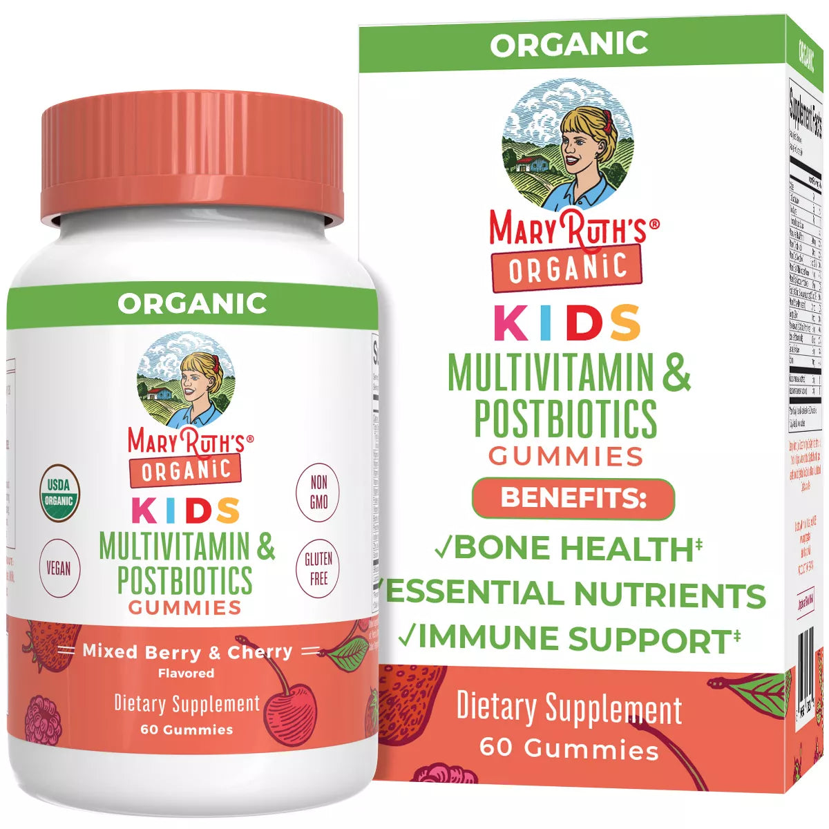 Mary Ruth Kids Multivitamin & Postbiotics Gummies, Mixed Berry & Cherry, Org, 60 ct Pack 6 Size 24 mo