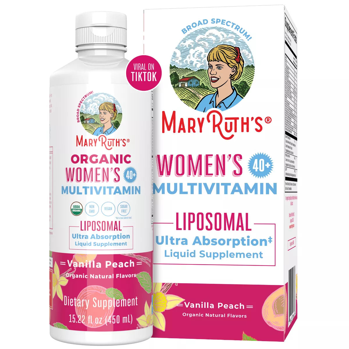 Mary Ruth Women's 40+ Multivitamin Liposomal, Vanilla Peach, 15.22 oz Pack 12 Size 12 mo