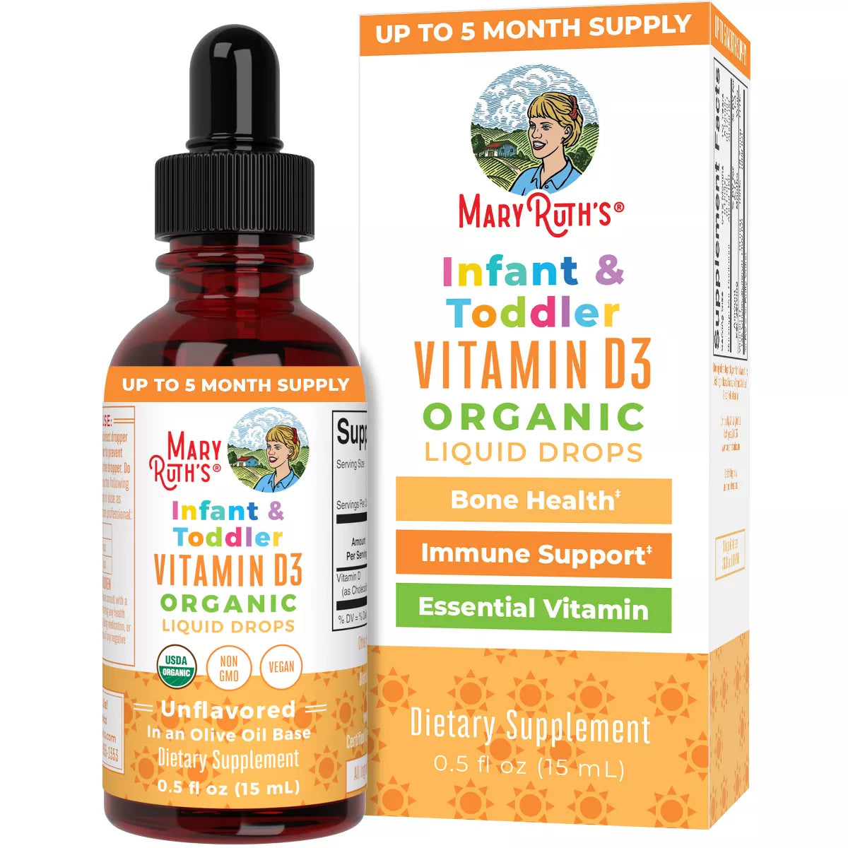 Mary Ruth Infant & Toddler Vitamin D3 Drops, Unflavored, Org, 0.5 oz Pack 144 Size 24 mo