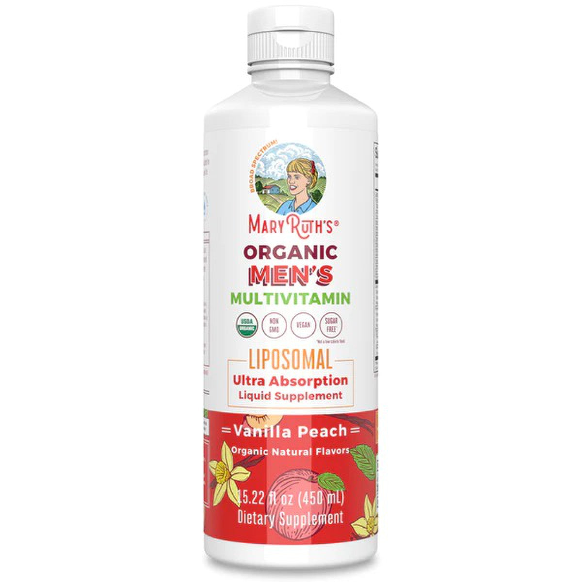 Mary Ruth Men's Multivitamin Liposomal, Vanilla Peach, 15.22 oz Pack 12 Size 12 mo