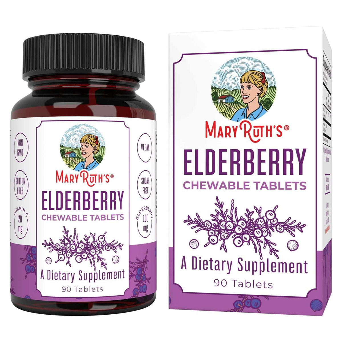 Mary Ruth Elderberry Chewable Tablets, Blueberry Raspberry, 90 ct Pack 60 Size 24 mo