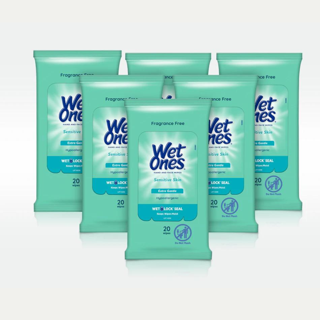 Wet Ones Sensitive Skin Hand & Face Wipes Travel Pack 20 Ct Case of 10