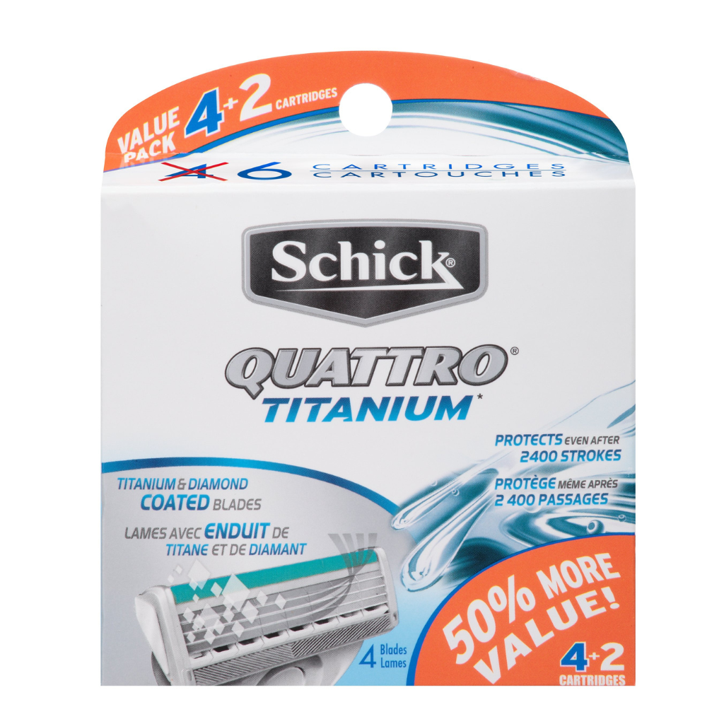 Schick Quattro Titanium Razor Blade Refills for Men Value Pack 4+2 Case of 72