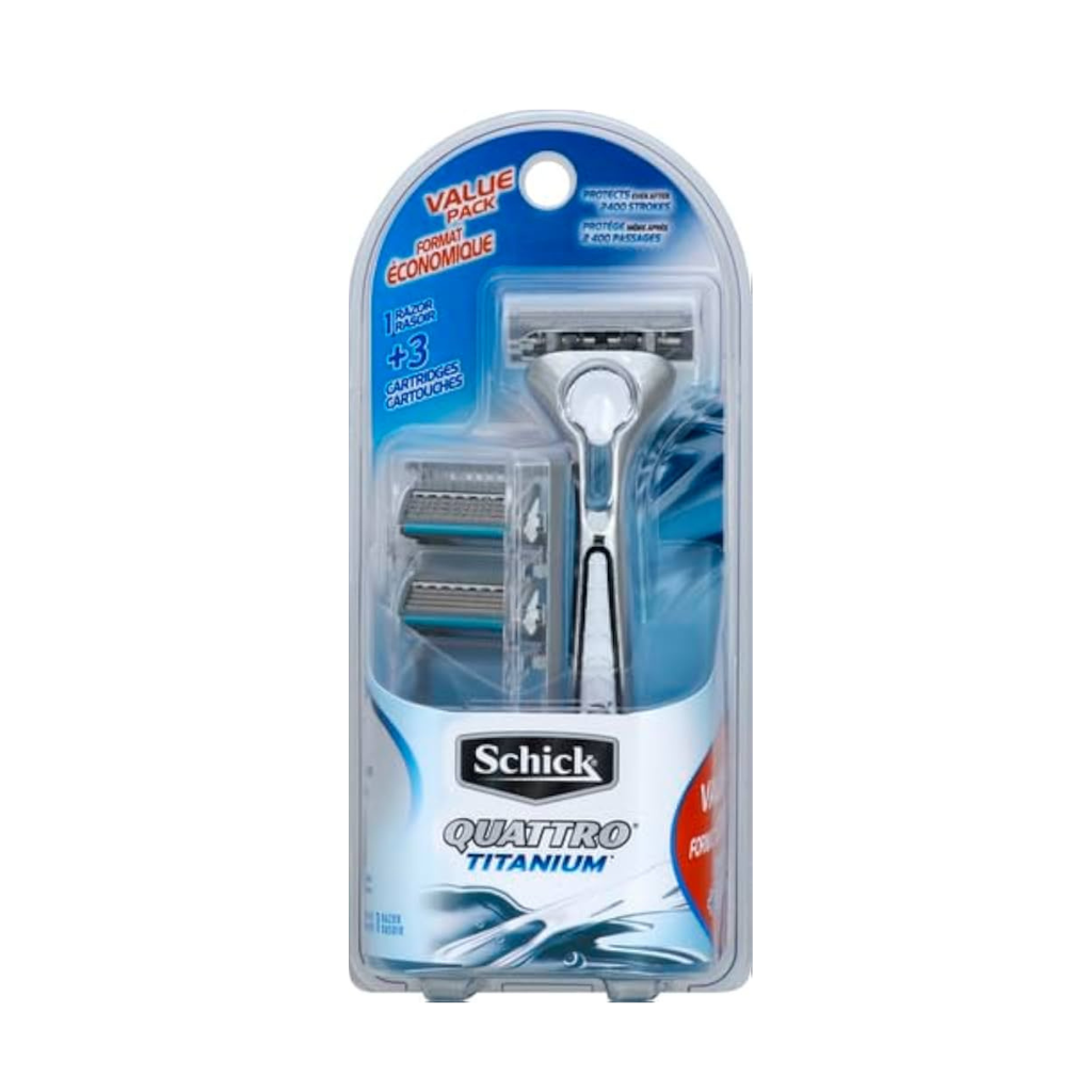 Schick Quattro Titanium Razor 1 & 3 Refills for Men Value Pack (Case of 12)