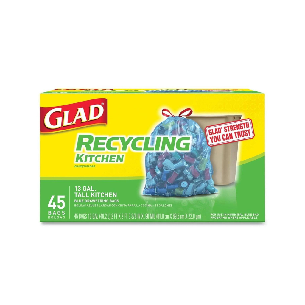 Clorox Trash High Count Glad Recycling Tall Kitchen Drawstring Translucent Blue 13gal 4/45ct