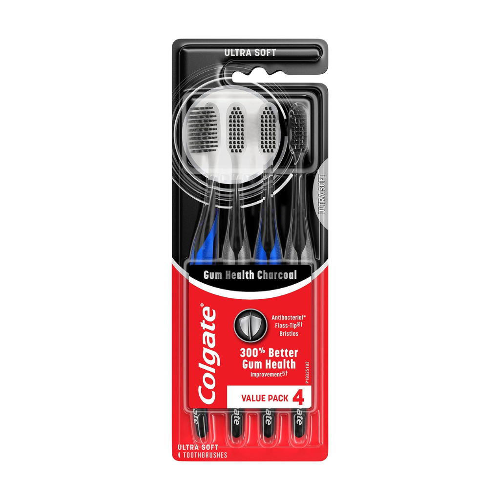 Colgate Gum Health Charcoal Adult Manual Toothbrush, Ultra Soft, 4 Count