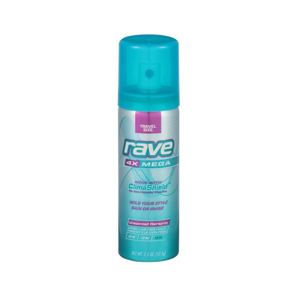 Rave Hairspray 4x Mega Unscented Aerosal Travel Size 1.5 oz, Pack of 18