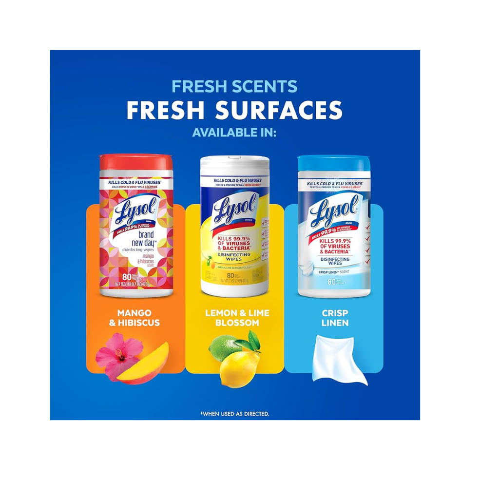 LYSOL® Disinfecting Wipes - (1 Lemon + 1 Crisp Linen + 1 Brand New Day Mango & Hibiscus) 80 CT